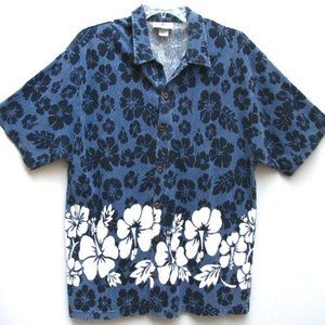Mens Aloha Shirt Blue & White Corduroy Hibiscus Vintage Point Zero Size L